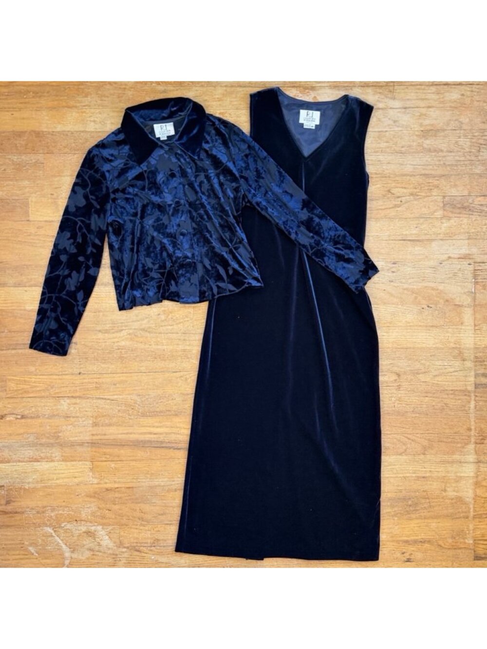 Vintage Crushed Velvet Dress & Jacket Size Small Set 90s Navy Blue Flocked Maxi